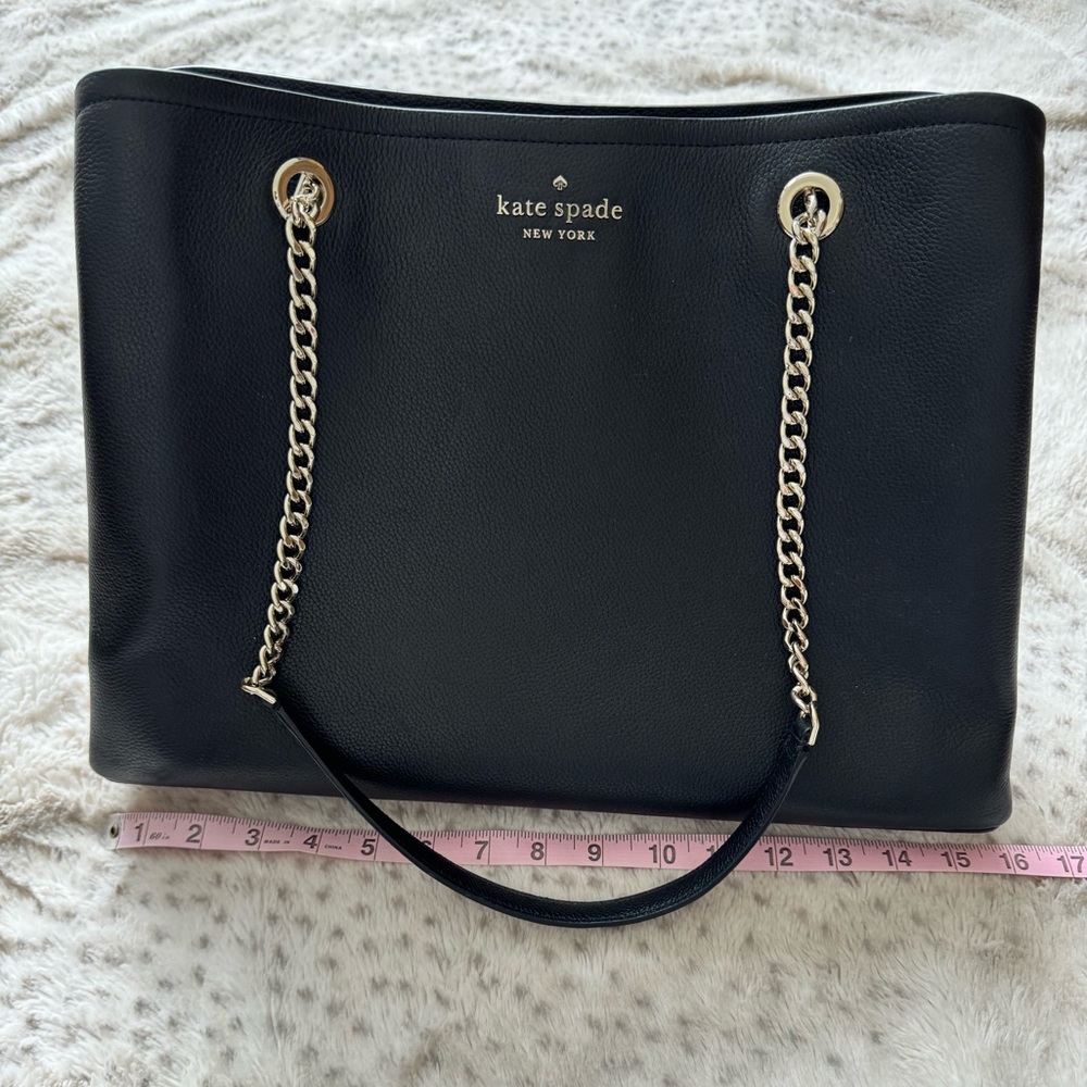 Kate Spade Large Black Leather Tote Bag with Gold Chain Laptop Compartment - Picture 3 of 12